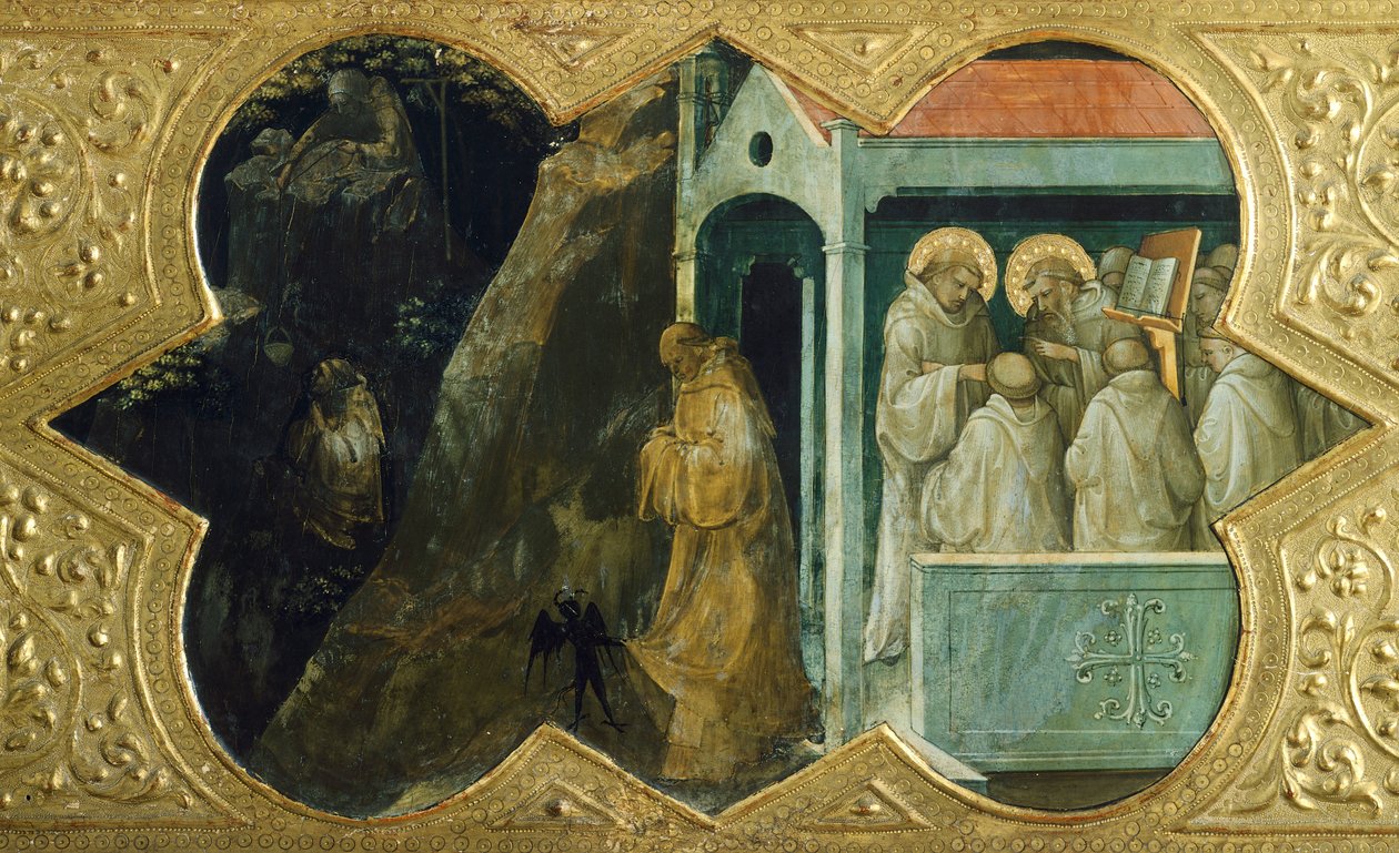 Sankt Benedikt bliver fristet af djævelen og Sankt Bernardino i konsistorium, detalje af predella af Jomfrukroning af Lorenzo Monaco (1370-1423), tempera på panel, 450x350 cm, Polyptykon for højalter i klostret Santa Maria degli Angeli, Firenze af Lorenzo Monaco