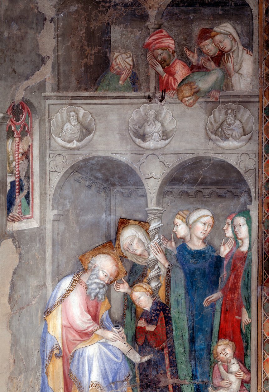 Ærkeenglen Gabriel annoncerer fødslen af Johannes Døberen til Zakarias og Elisabeth, detaljer (Fresco af Lorenzo Salimbeni
