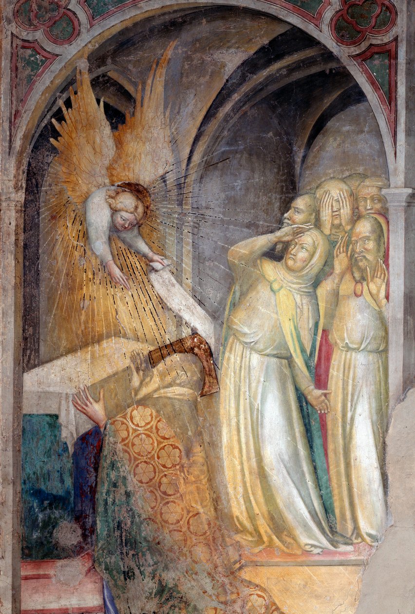 Ærkeenglen Gabriel annoncerer den kommende fødsel af Johannes Døberen til Zakarias, detaljer (Fresco af Lorenzo Salimbeni