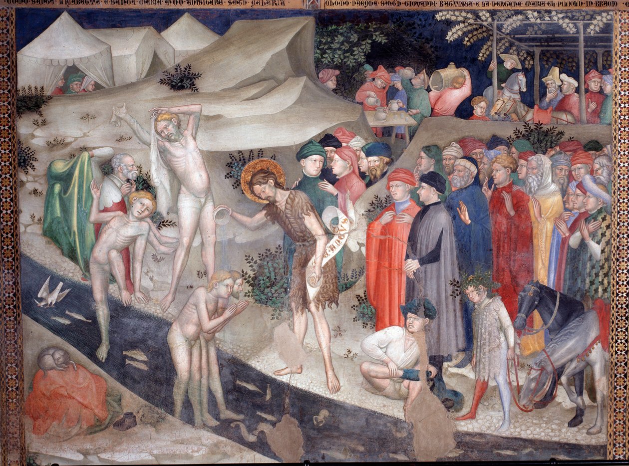 Saint John the Baptist baptizing the neophytes on the Jordan river bank Fresco by Lorenzodani af Lorenzo Salimbeni