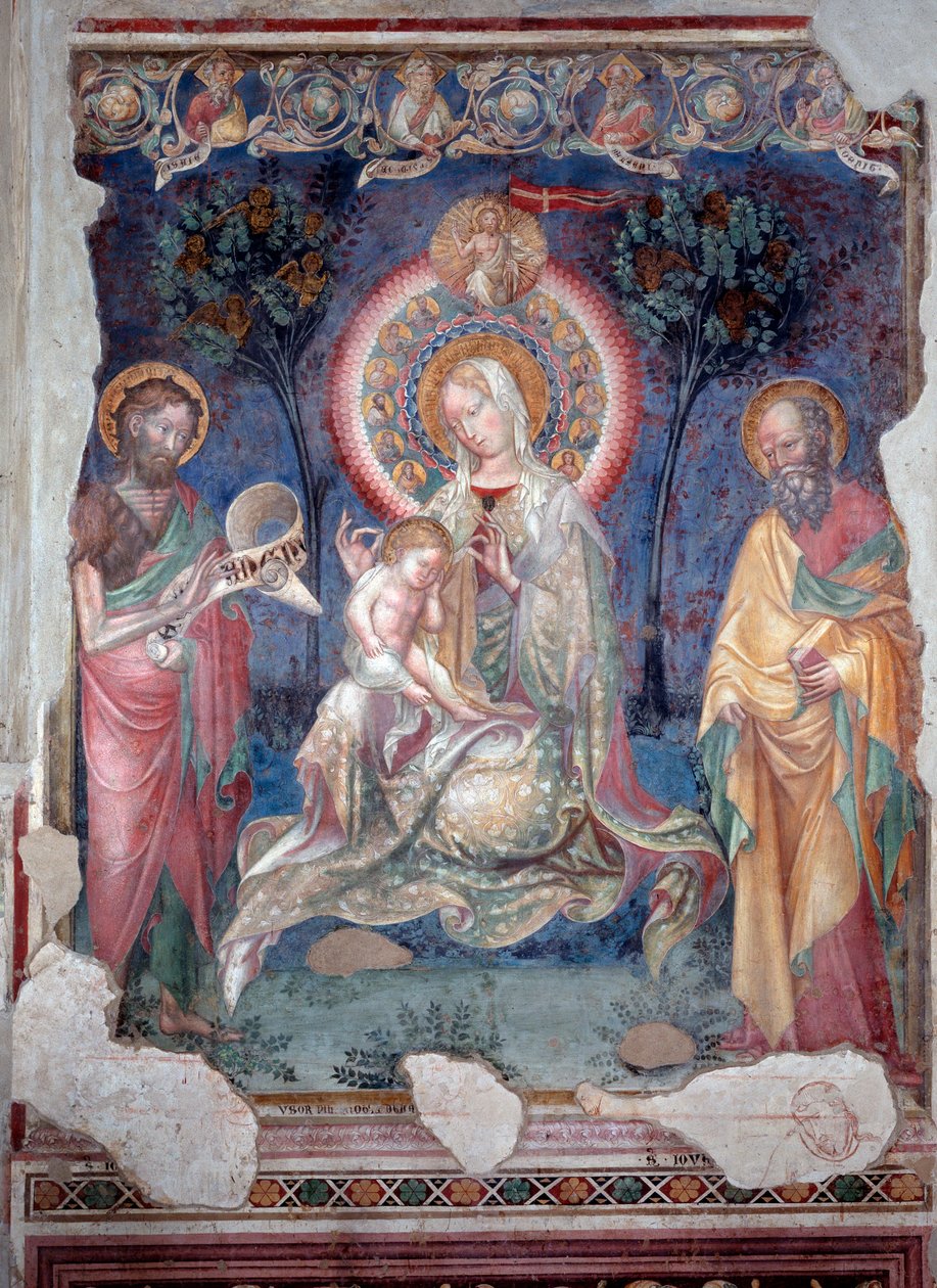 Jomfru med barn omgivet af apostlen Jakob og Johannes Døber (Fresco af Lorenzo Salimbeni