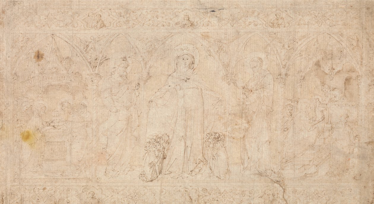 Design til et Antependium: Madonna della Misericordia med de hellige Johannes Døberen..., ca.1370. af Lorenzo Veneziano.