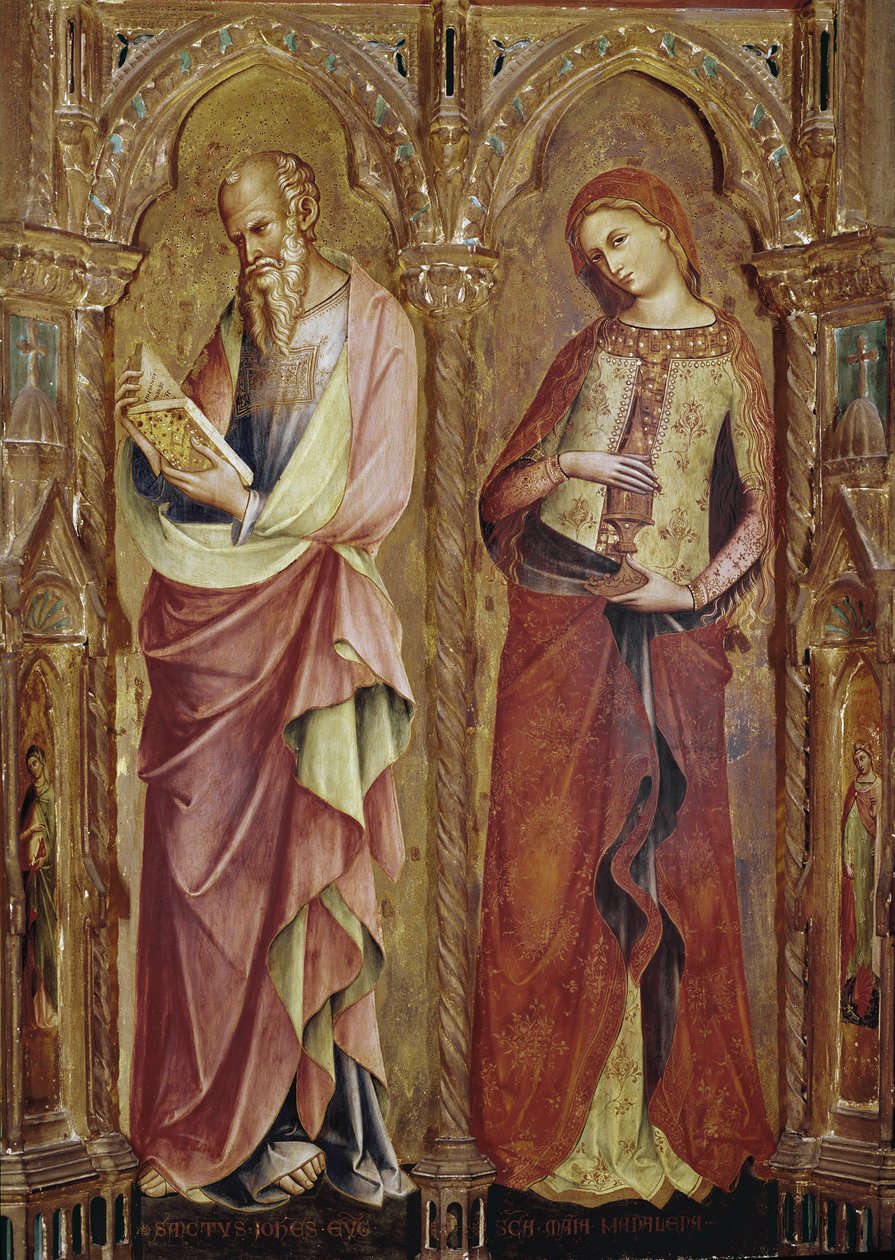 Sankt Johannes evangelisten og Sankt Maria Magdalena - Detalje af bebudelsens polytykon (1357, tempera og bladguld på træ) af Lorenzo Veneziano