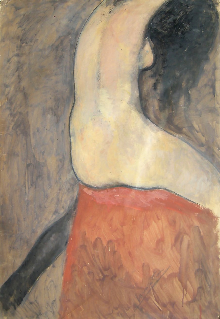 Nøgen figur set bagfra, ca. 1910-12 (olie på karton) af Lorenzo Viani
