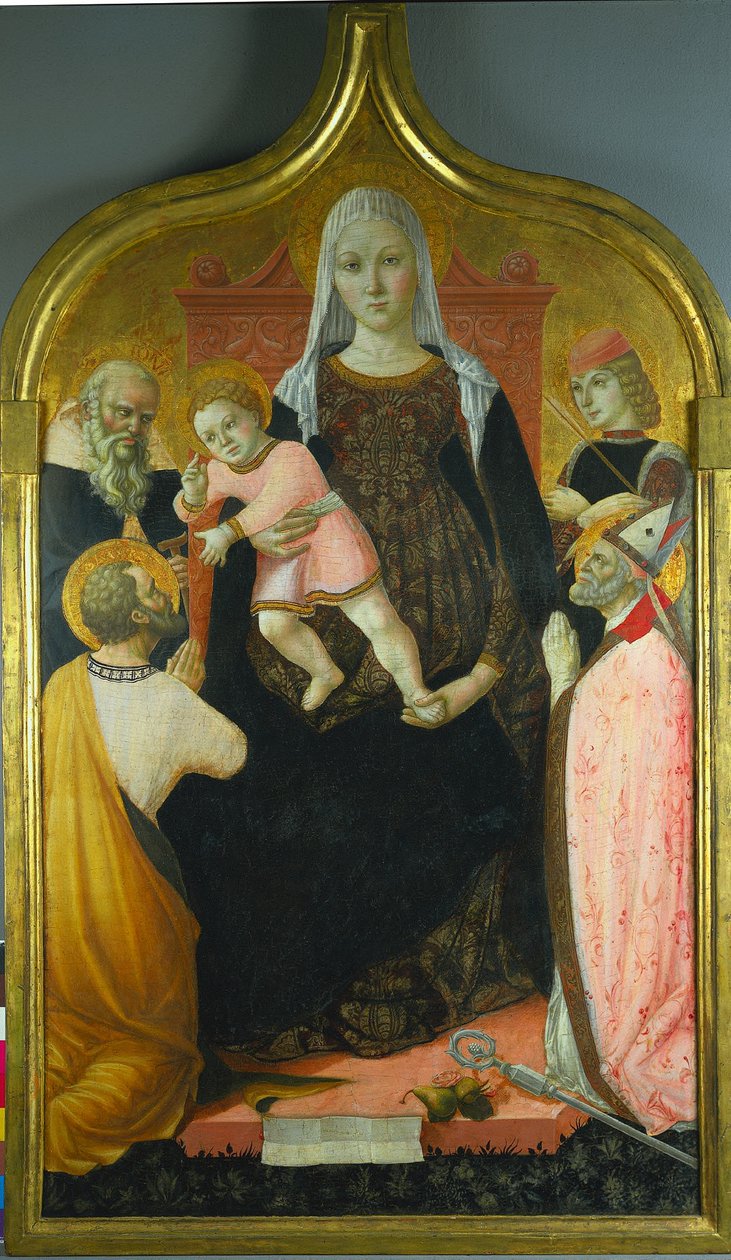Jomfru og barn, med de hellige Anthony Abbott, Mark, Severino og Sebastian, ca. 1490-96 af Lorenzo dAlessandro da Severino II