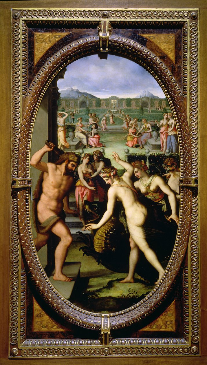 Herkules dræber Hesperidernes drage, 1572 (olie på skifer) af Lorenzo dello Sciorina