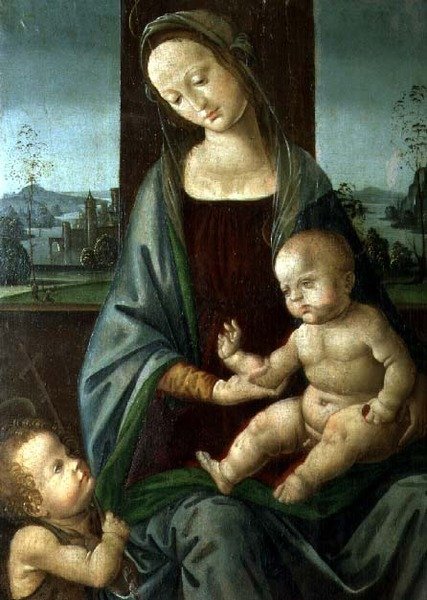 Madonna og barn med spædbarnet St. Johannes Døberen af Lorenzo di (workshop of) Credi