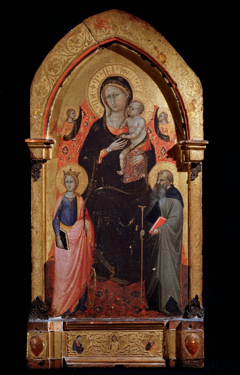Jomfru og barn med den hellige Katarina af Alexandria, den hellige Antonius den Store og engle Maleri af Bicci di Lorenzo (1373-1452) 1415 ca. Dim 90,4x43,5 cm Assisi, Museo del Tesoro della Basilica di San Francesco af Lorenzo di Bicci