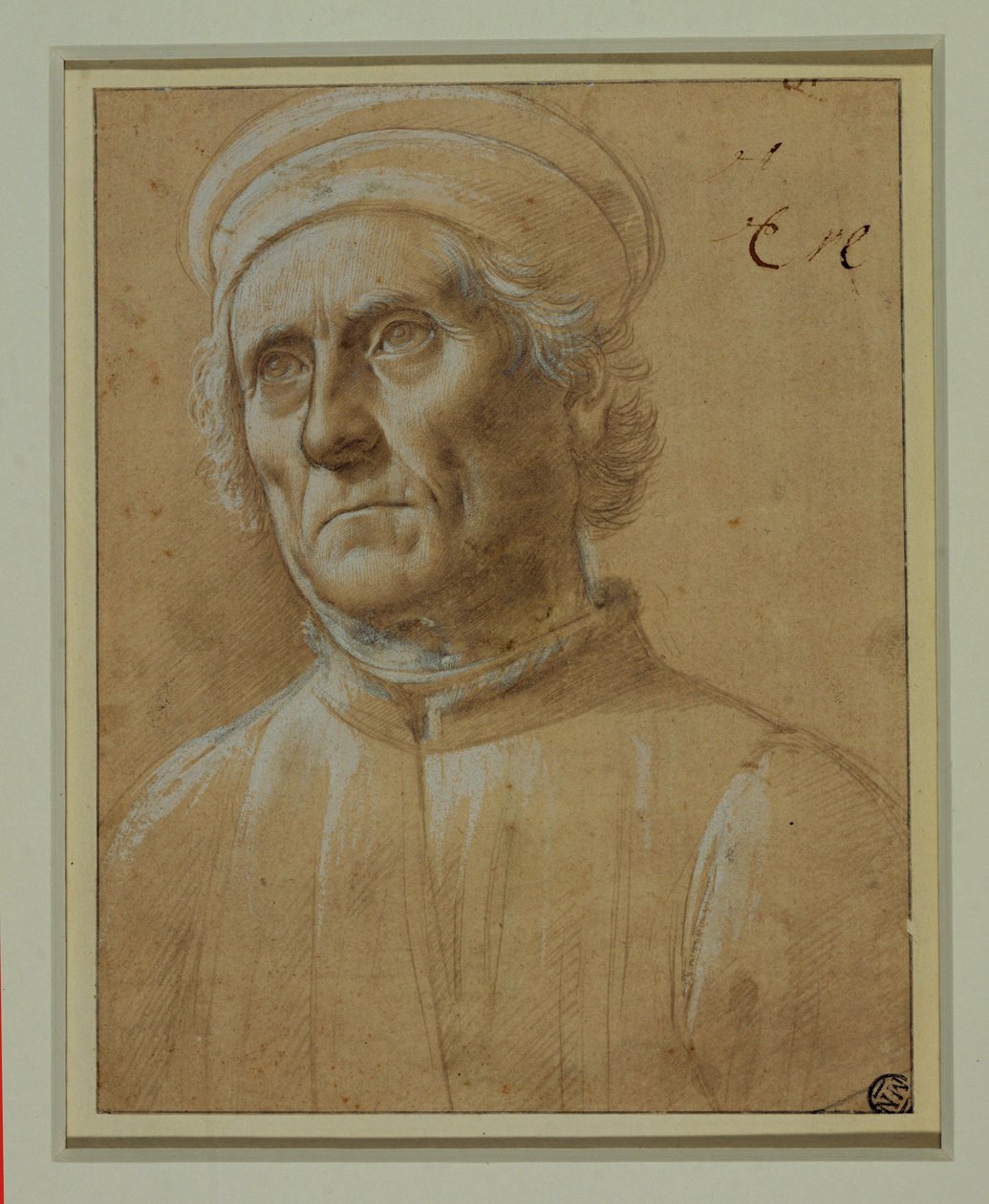 Buste af en gammel mand med rund kasket ... af Lorenzo di Credi