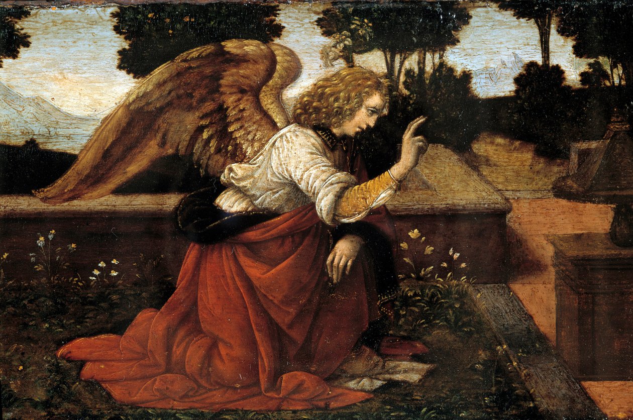Detalje af "" Bebudelsen"" Maleri af Lorenzo di Credi (1458-1537) 15. århundrede søn. 0,16x0,6 m (L