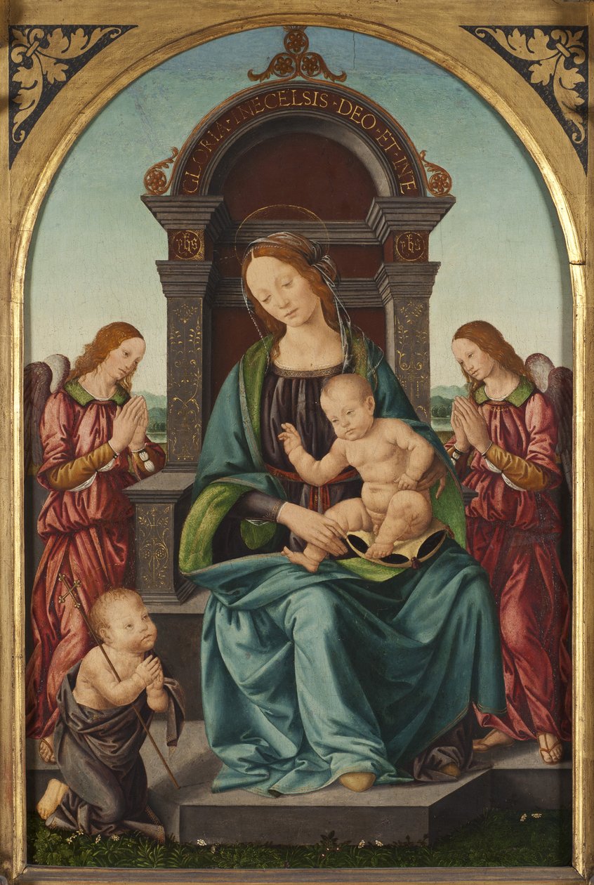 Madonnaen og barnet med spædbarnet Sankt Johannes Døberen og to engle - Madonnaen og barnet med spædbarnet Sankt Johannes og to engle, af Lorenzo di Credi (1459-1537). Olie på træ. Størrelse: 66,5x43,5cm. Nationalmuseum Stockholm af Lorenzo di Credi