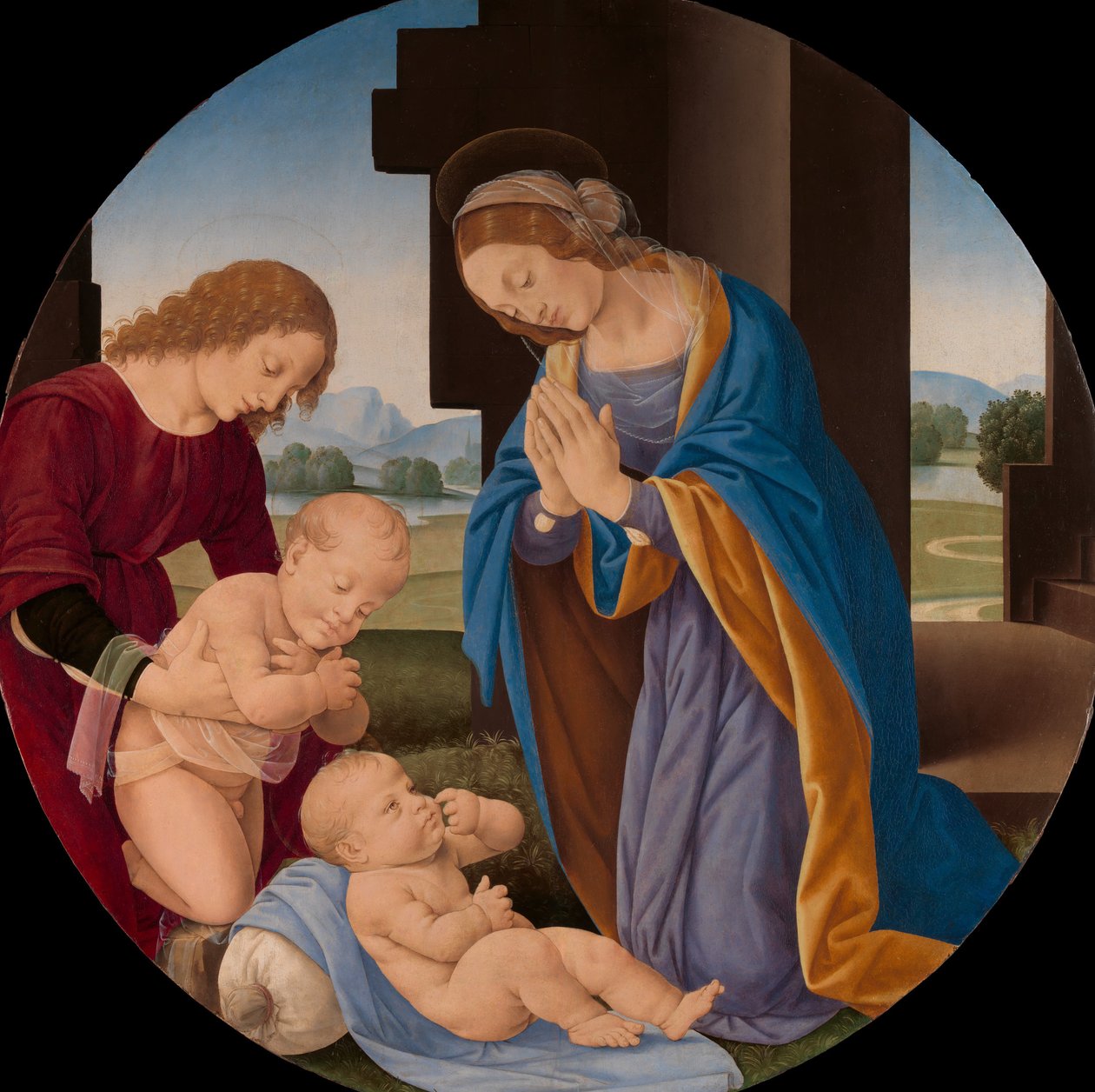 Madonna tilbeder barnet med spædbarnet Sankt Johannes Døberen og en engel, begyndelsen af 1490