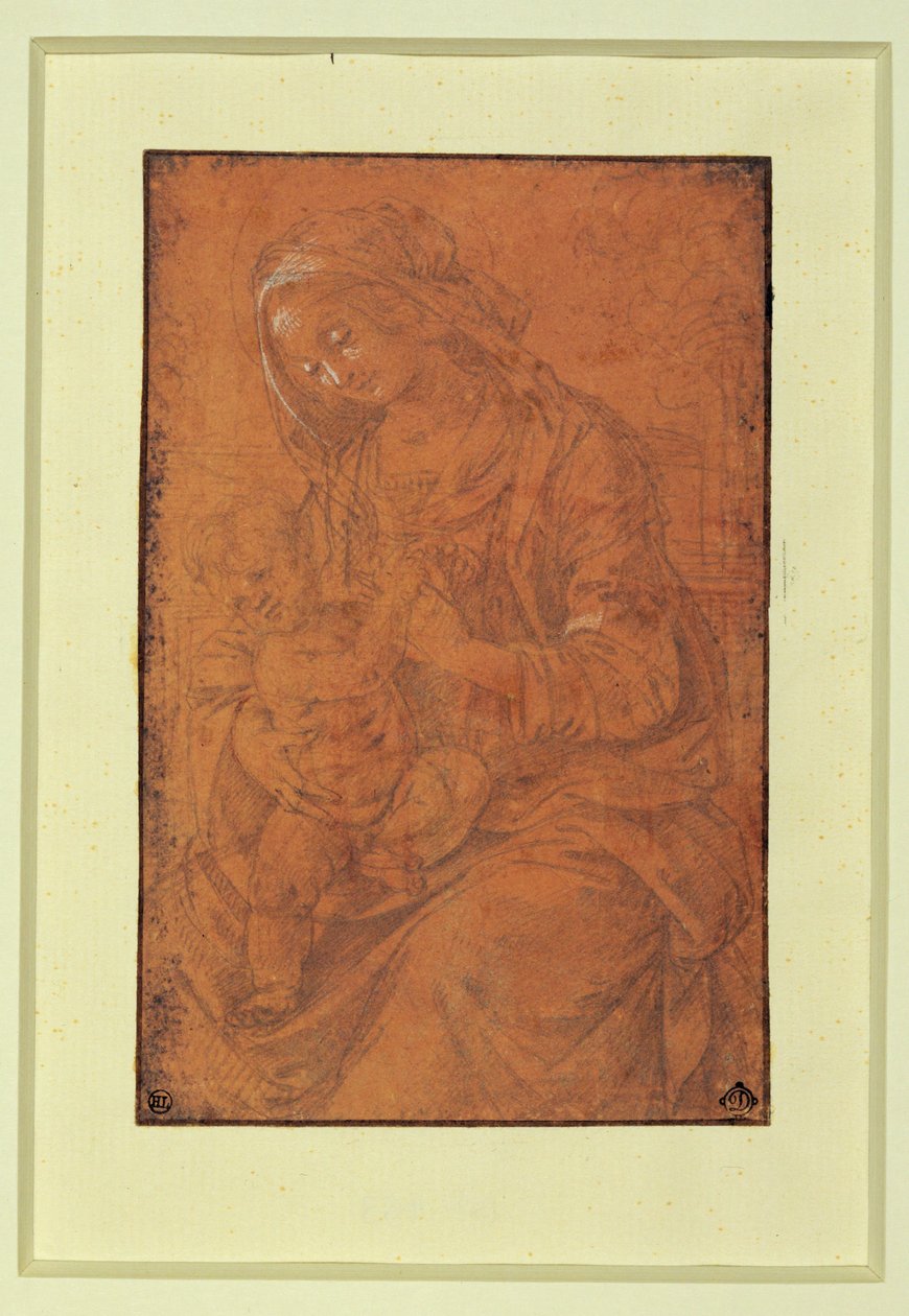 Madonna. Sølvspids, fremhævet i hvidt på laksefarvet papir ... af Lorenzo di Credi