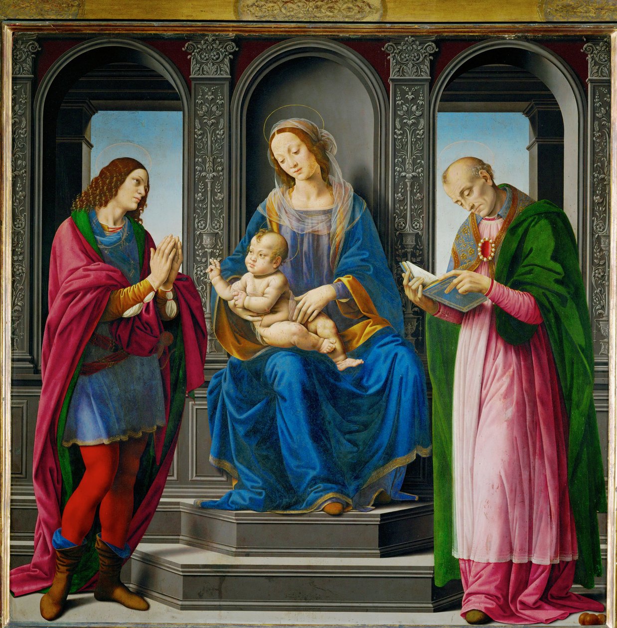 Madonna med barn, omgivet af Sankt Julian og Sankt Nikolaus af Myra ... af Lorenzo di Credi