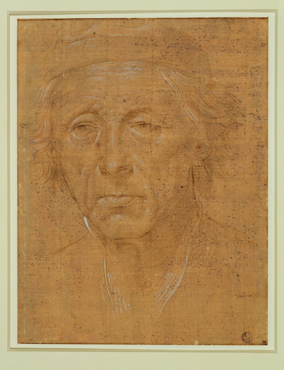 Portræt af en gammel mand, helfigur, med kasket ... af Lorenzo di Credi