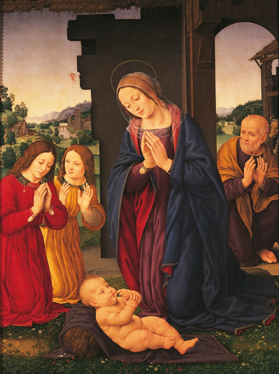 Tilbedelsen af barnet og englene, af Lorenzo di Credi (1459-1536), tempera på lærred af Lorenzo di Credi