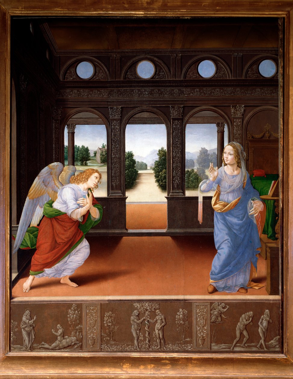 Bebudelsen og historien om Adam og Eva - Olie på lærred, ca. 1480 af Lorenzo di Credi