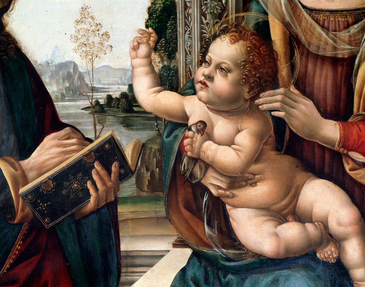 Jomfru med barn og to helgener, den hellige Matthæus og den hellige Hieronymus (Jomfru med barnet og to helgener, den hellige Matthæus og den hellige Hieronymus) Detalje Maleri af Lorenzo di Credi (1459-1537) Firenze, kirken santo Spirito Italien af Lorenzo di Credi