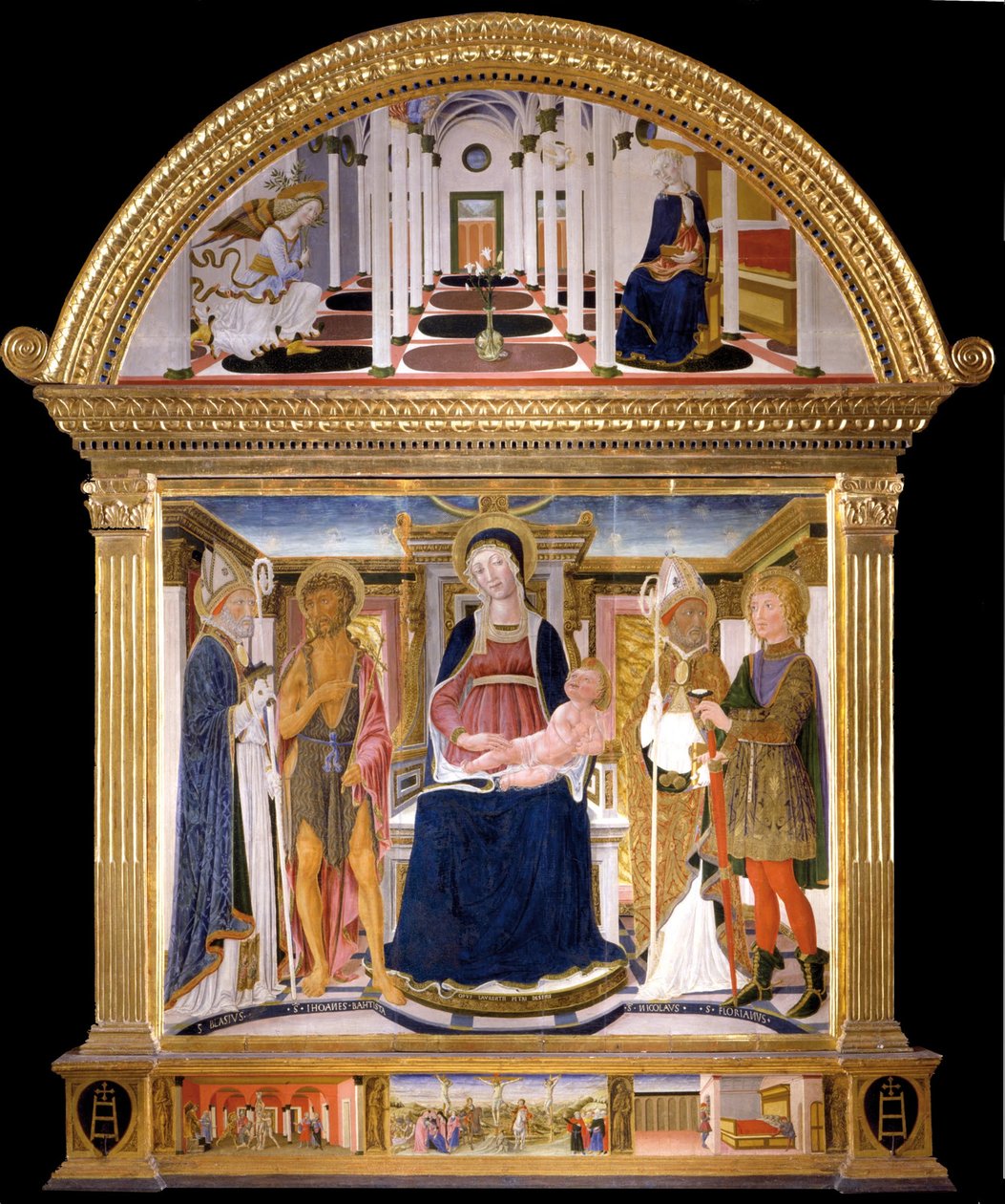 Madonna med barnet og de hellige Blaise, Johannes Døberen, Nicholas og Florian. Bebudelsen, 1462 af Lorenzo di Pietro