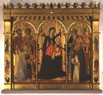 Madonna og barn med helgener på tronen (triptykon) af Lorenzo di Pietro Vecchietta