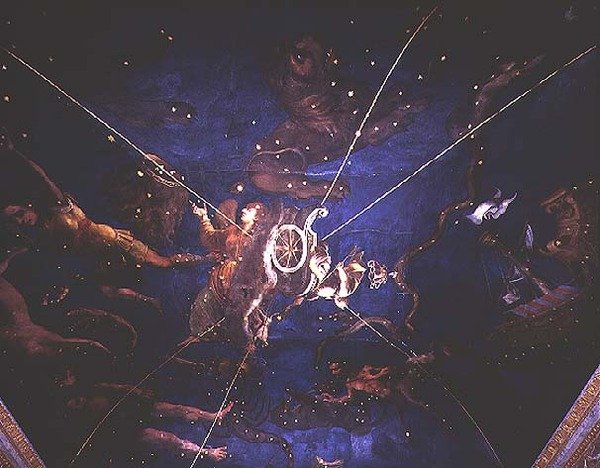 Gudinden Diana i sin vogn omgivet af repræsentationer af stjernetegnene fra Sala dello Zodiaco af Lorenzo the Younger Costa