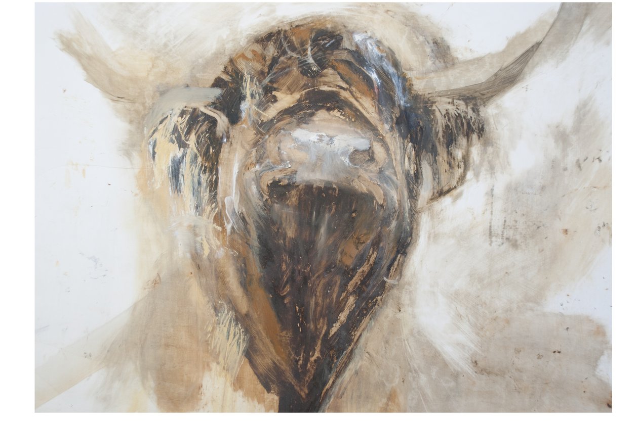 La Vache,Cow, 2015,(olie og blandede medier på gesso på papir) af Lou Gibbs