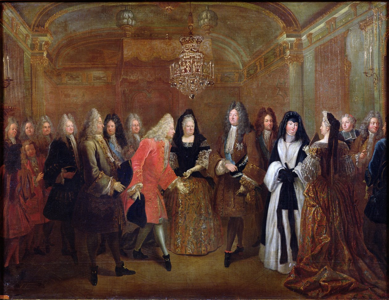 Ludvig XIV (1638-1715) byder kurfyrsten af Sachsen, Frederik Augustus II (1670-1733) velkommen til Fontainebleau, 27. september 1714, 1715 af Louis de Silvestre