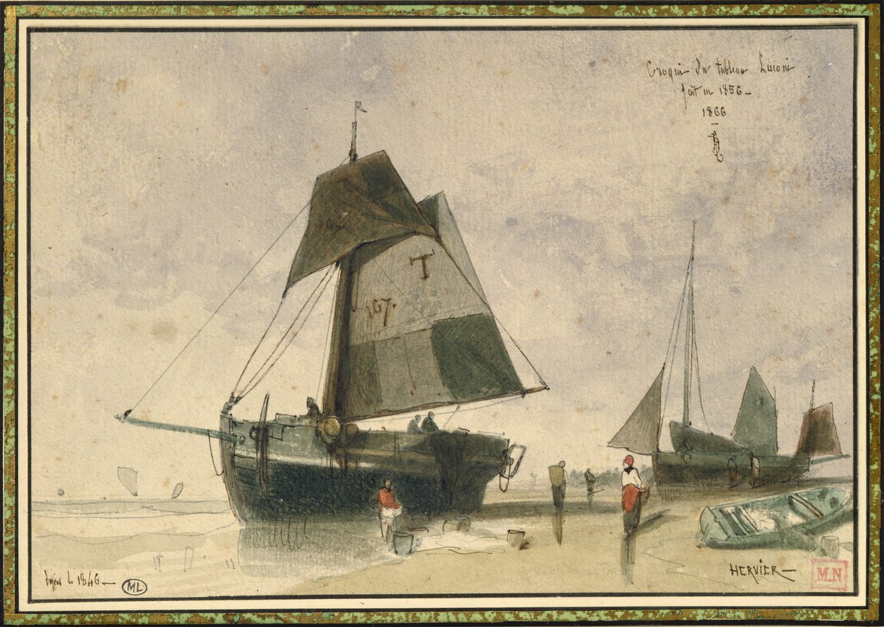 To fiskerbåde, 1856 (pen & blæk og wc på papir) af Louis Adolphe Hervier