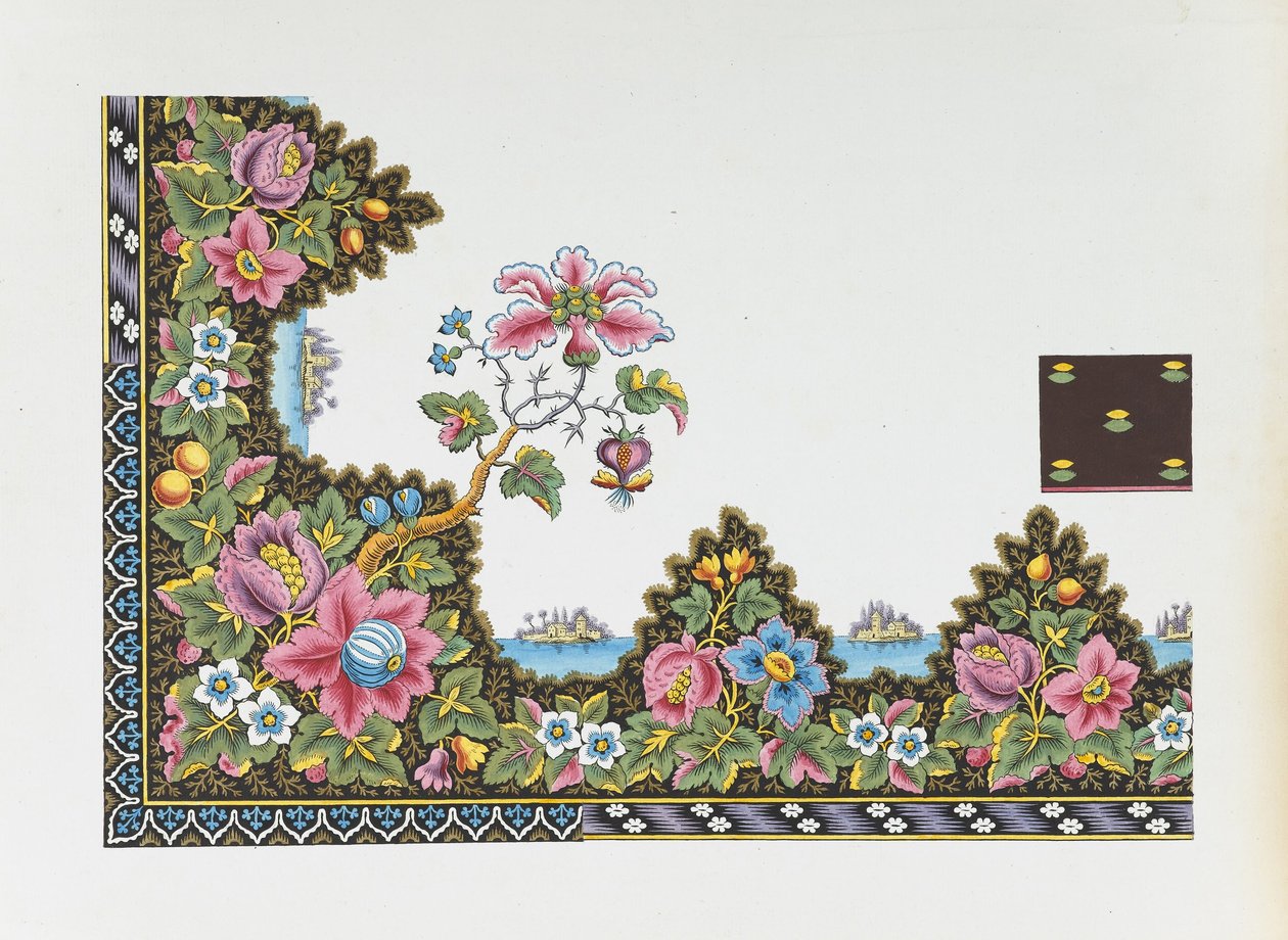Design til et trykt tekstil- blomstergrænse med øer på en sø af Louis Albert DuBois