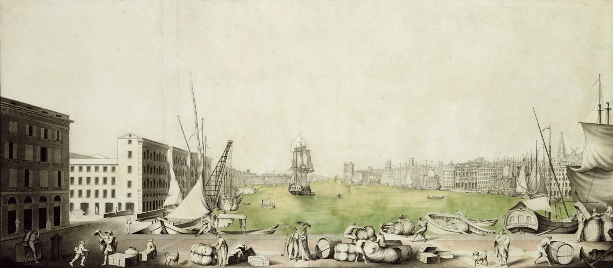 Havnen i Marseille, 1811 (pen, blæk og wc på papir) af Louis Amphoux