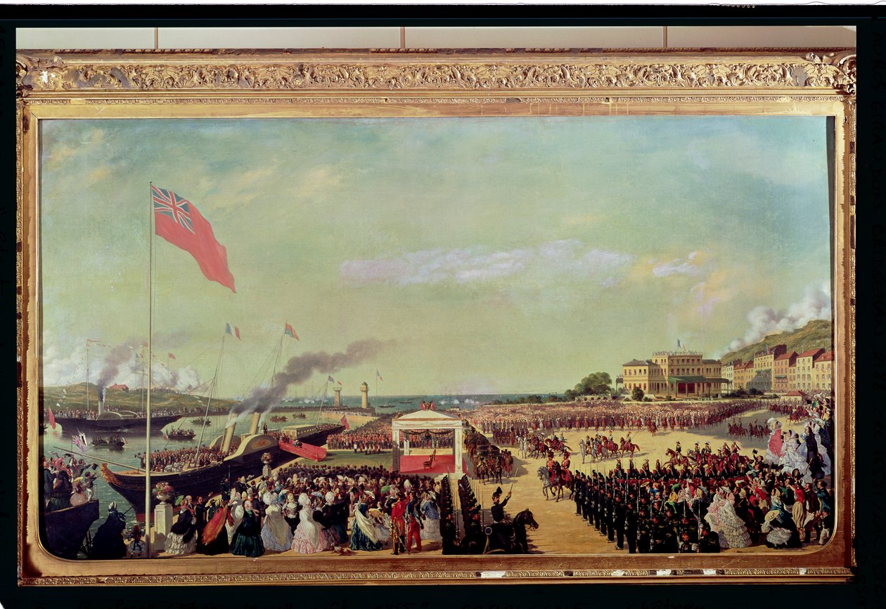 Napoleon III (1808-73) byder dronning Victoria (1819-1901) velkommen ved havnen i Boulogne, 18. august 1855, 1856 af Louis Armand