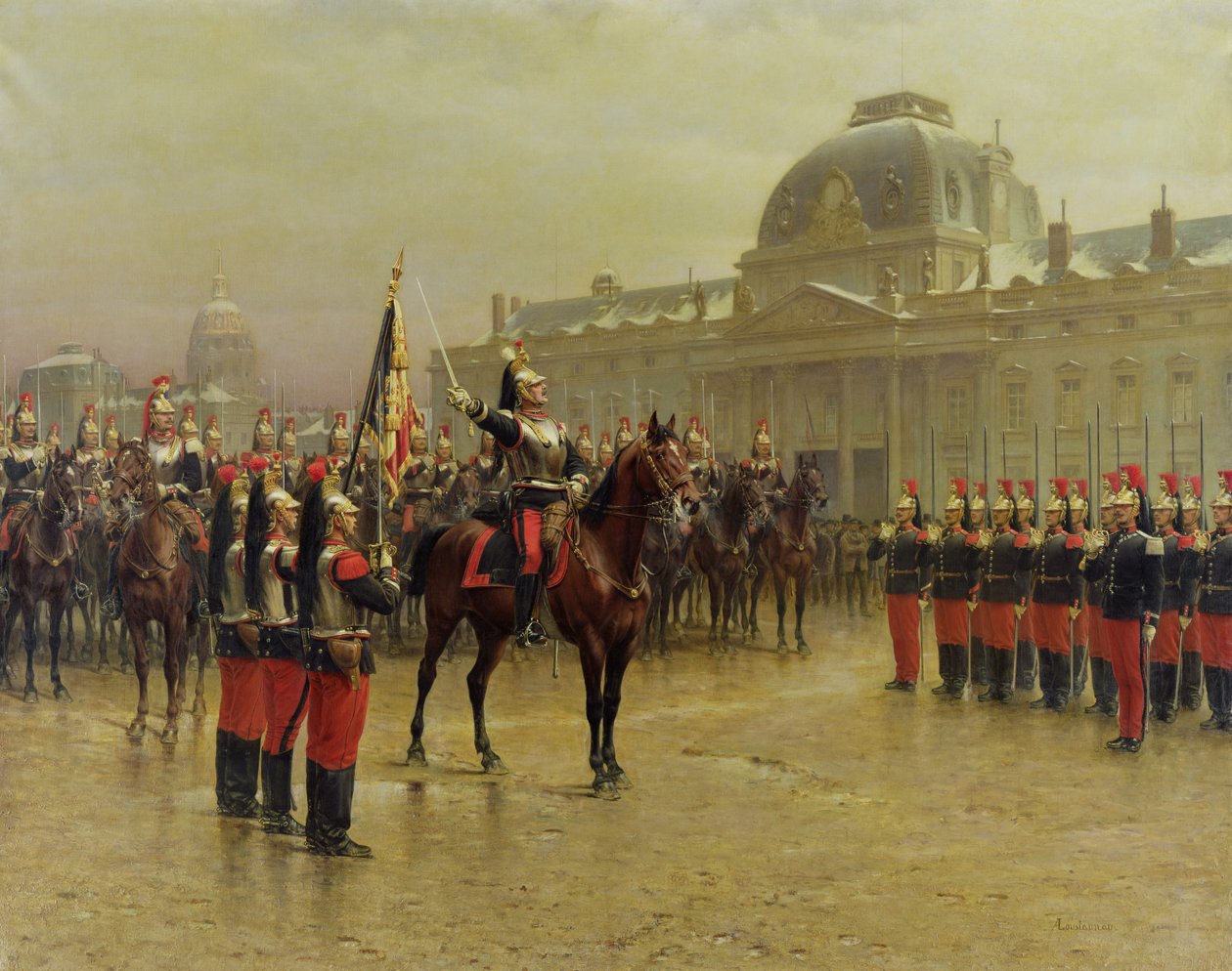 Oberst de La Rochetulon præsenterede for rekrutterne af det 6. kavaleri Regimentets standard i januar 1887, ca. 1887 af Louis Auguste Georges Loustaunau