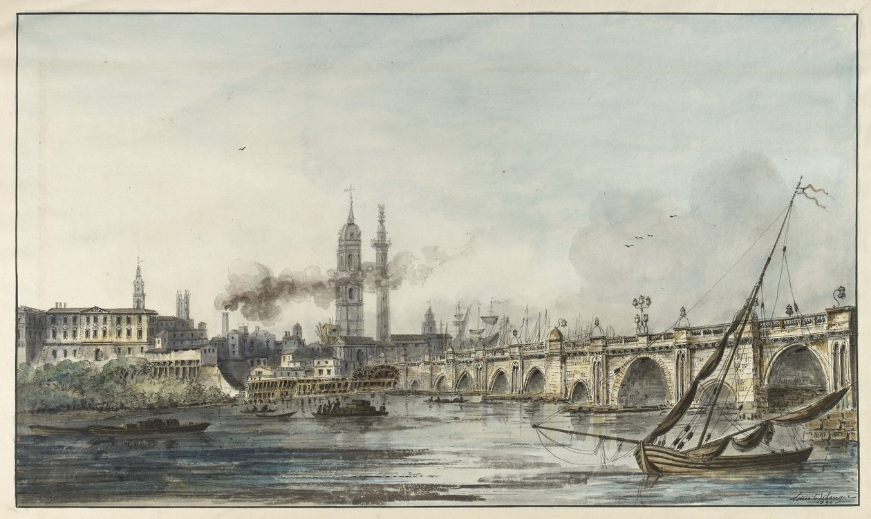 Udsigt over Themsen mod Church of St Magnus og monumentet med London Bridge til højre (pen og sort blæk med akvarel og hvid kropsfarve på blegt cremevævet papir) af Louis Bélanger