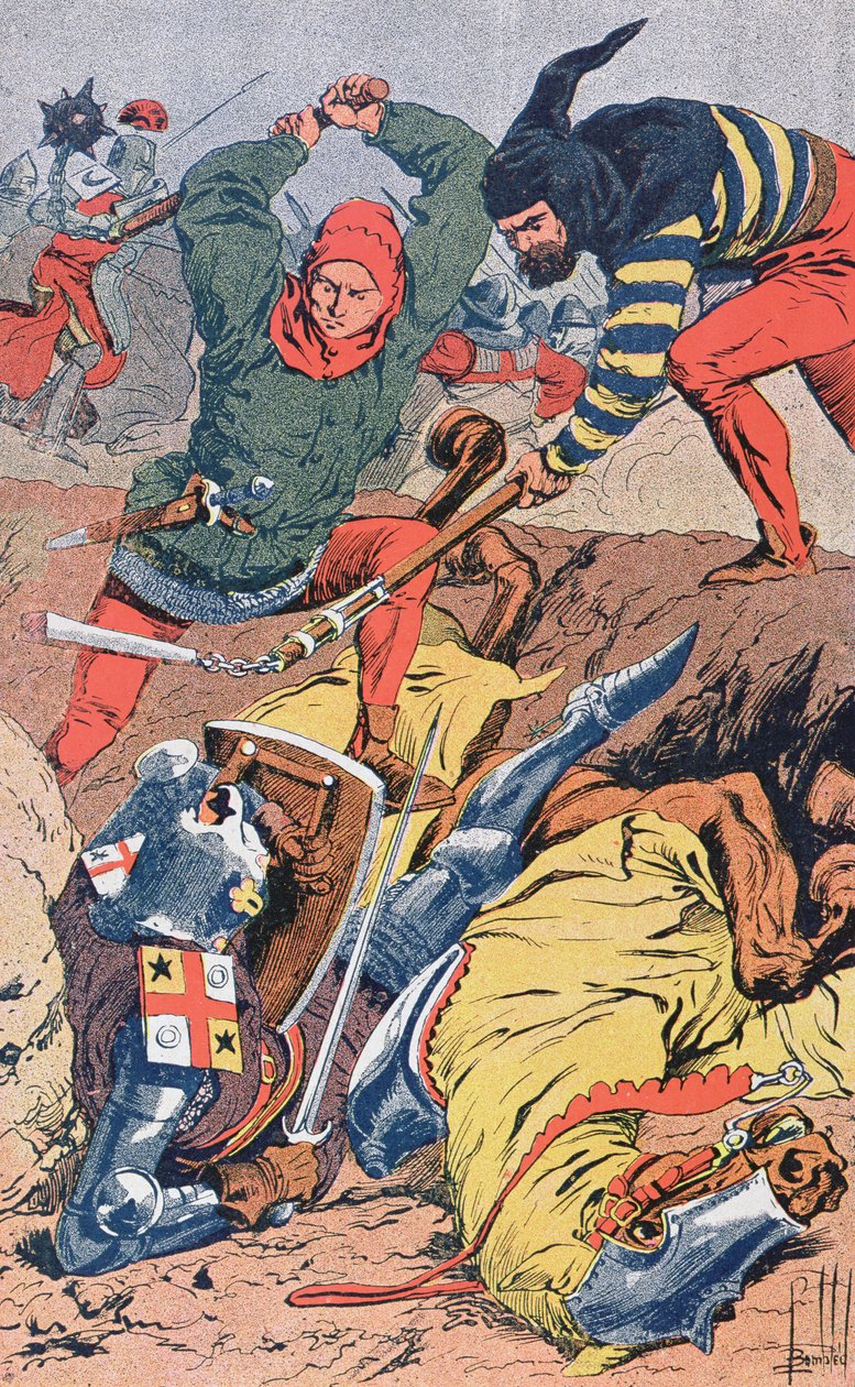 Flamske borgere, der kæmper til fods, besejrer de velpansrede og beredne franske riddere i slaget ved de gyldne spor nær Courtrai i 1302, ca. 1900 af Louis Charles Bombled