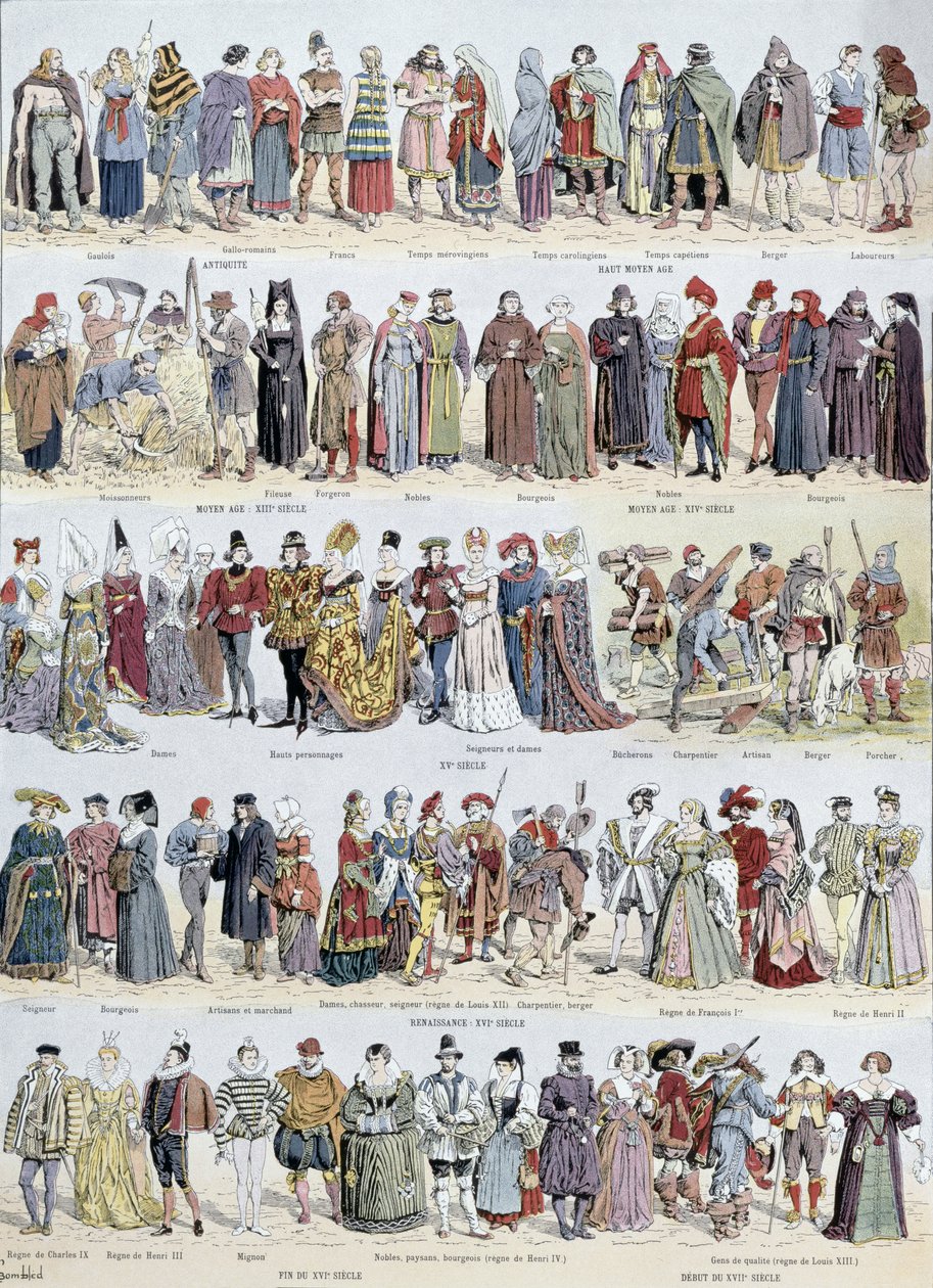Billedhistorie af tøj i det antikke Gallien og i Frankrig frem til begyndelsen af det syttende århundrede, udgivet af Larousse, 1929 af Louis Charles Bombled
