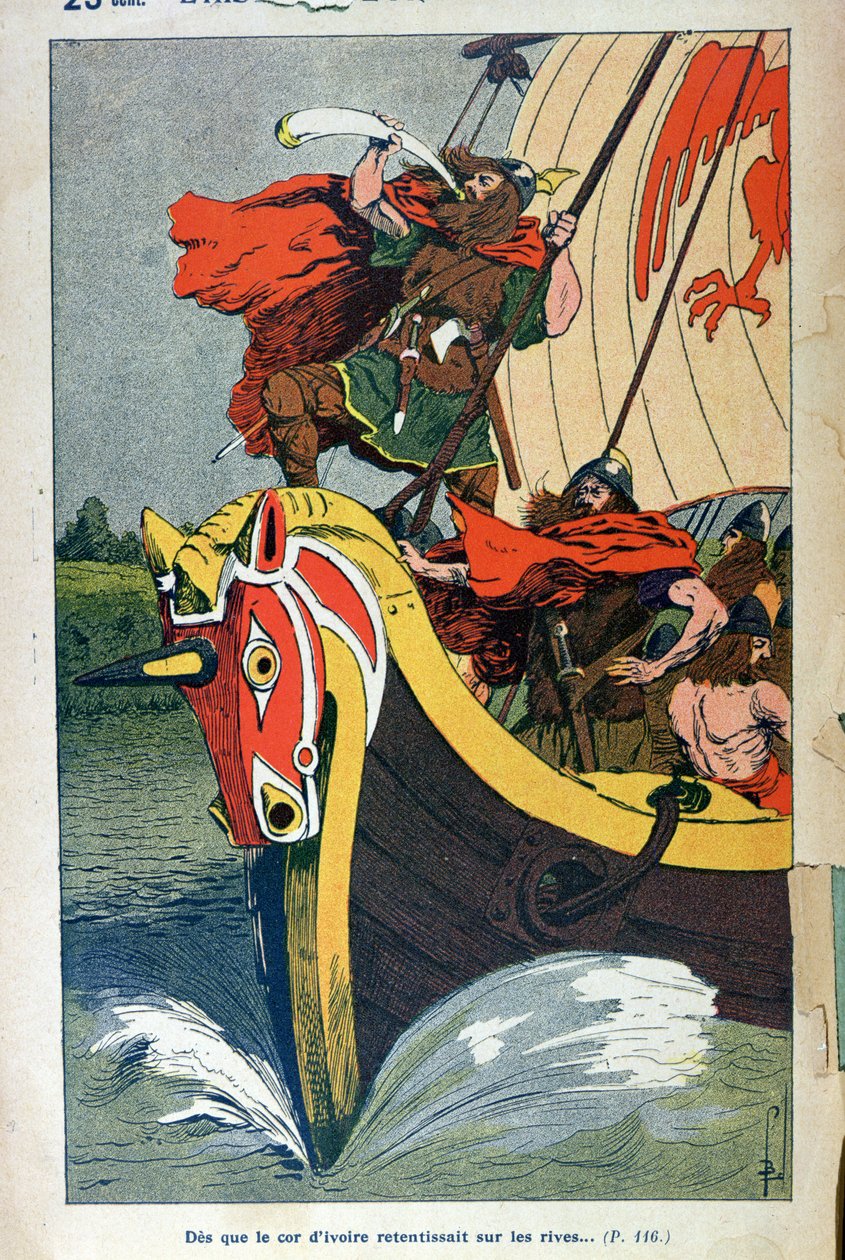 Viking blæser i hornet på et langskib, når det nærmer sig den nordiske kyst, illustreret plade fra en populær udgave af 