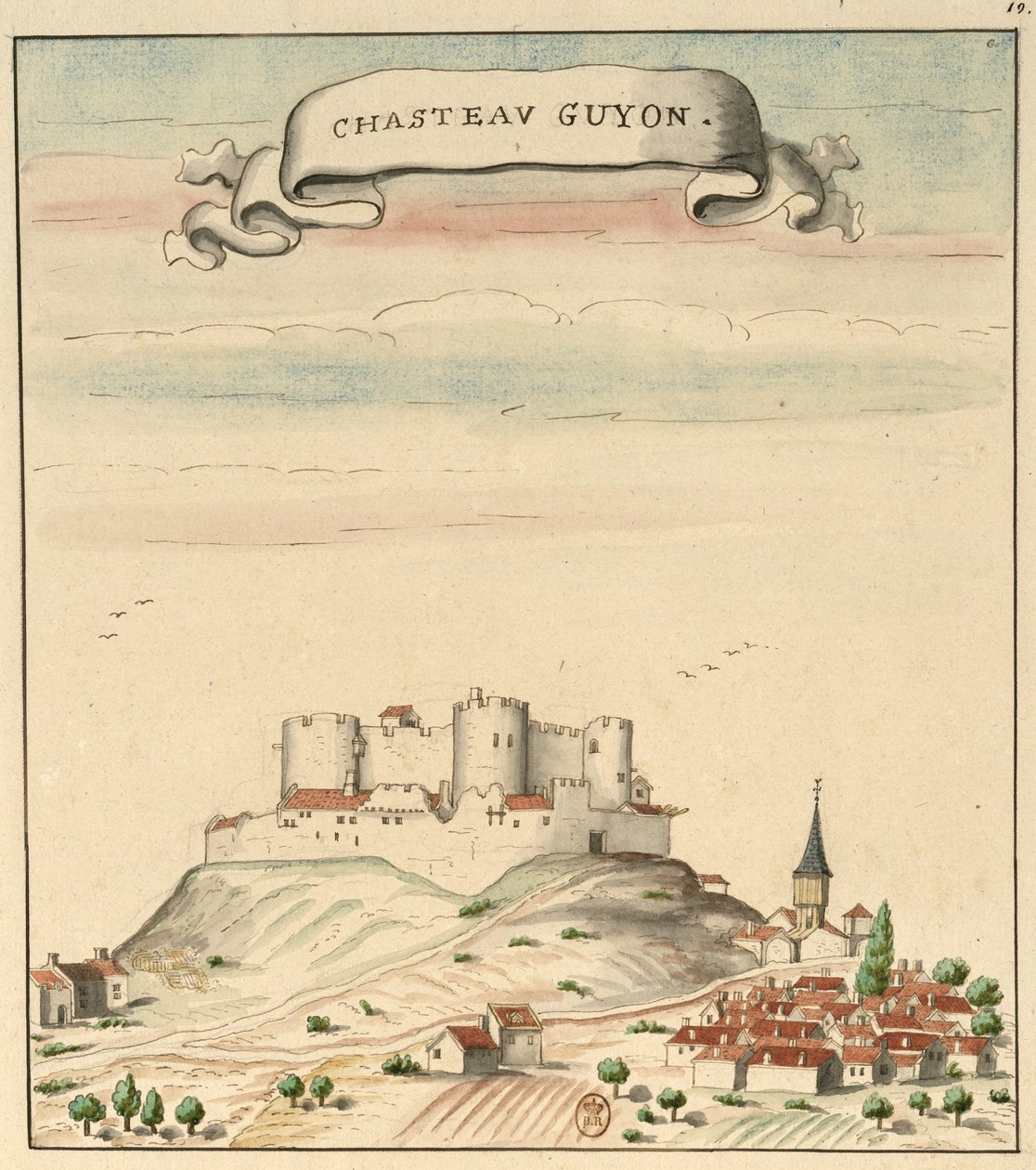 Tegning af slottet og landsbyen Châtel-Guyon (ca. 1450) inspireret af Guillaume Revel, L