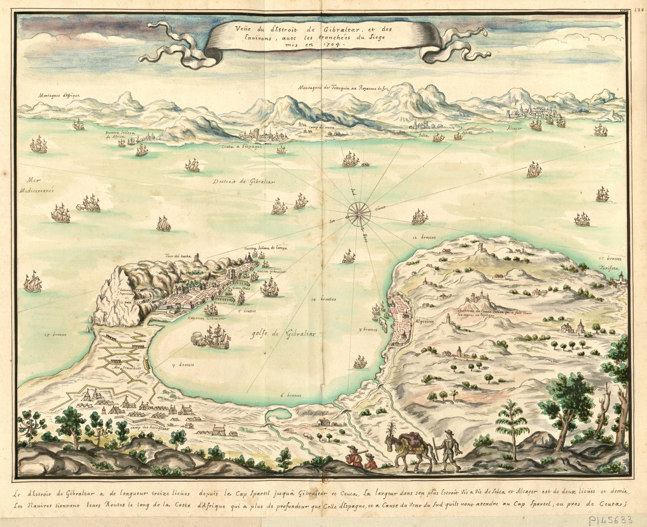 Veüe fra Gibraltar -strædet og omgivelserne med belejringskravene i 1704 af Louis Boudan