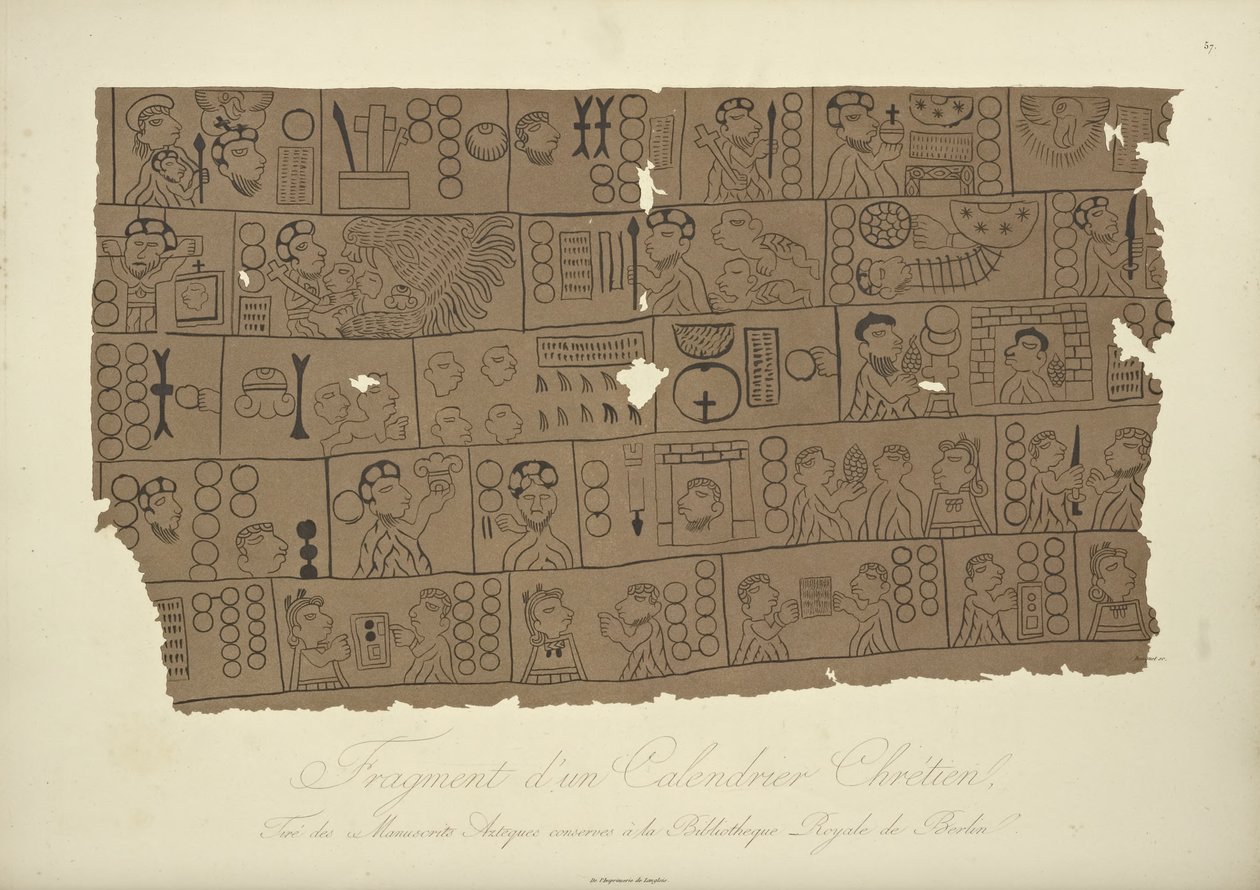 Fragment af en kristen kalender, tegnet fra et aztekisk manuskript i Berlins statsbibliotek, illustration fra Vues des Cordillères et Monumens des Peuples Indigènes de lAmérique af Alexander von Hum af Louis Bouquet