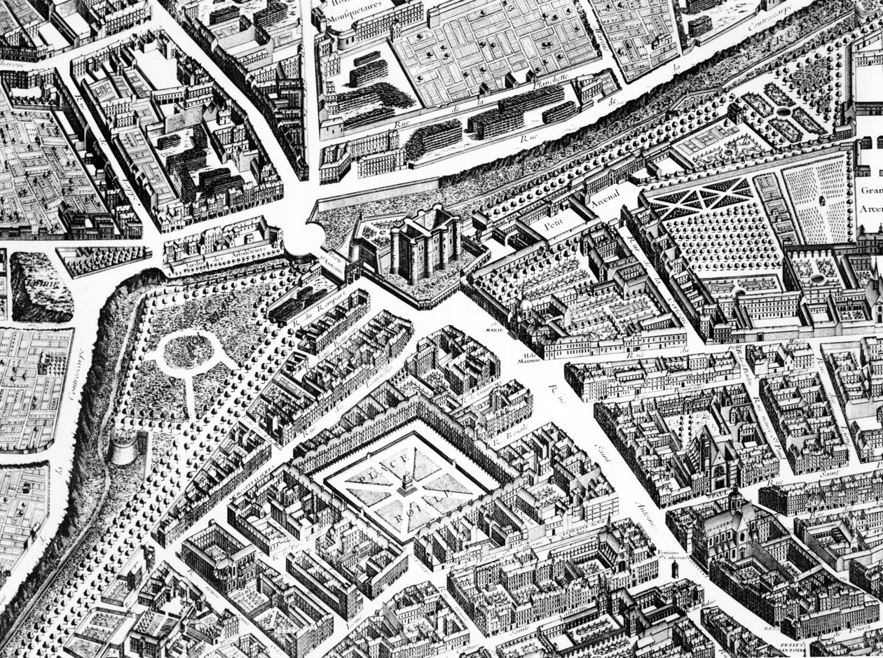 Bastillen, Place Royale nu Place des Vosges og Rue Saint-Antoine, detalje fra Paris-planen, kendt som Plan de Turgot, indgraveret af Claude Lucas, 1734-39 graveringsdetalje af 233535 af Louis Bretez