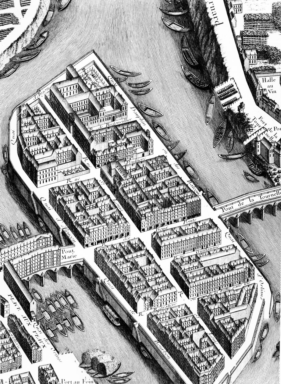 Ile St. Louis, detalje fra Planen af Paris, kendt som Plan de Turgot, indgraveret af Claude Lucas, 1734-39 graveringsdetalje af 233535 af Louis Bretez