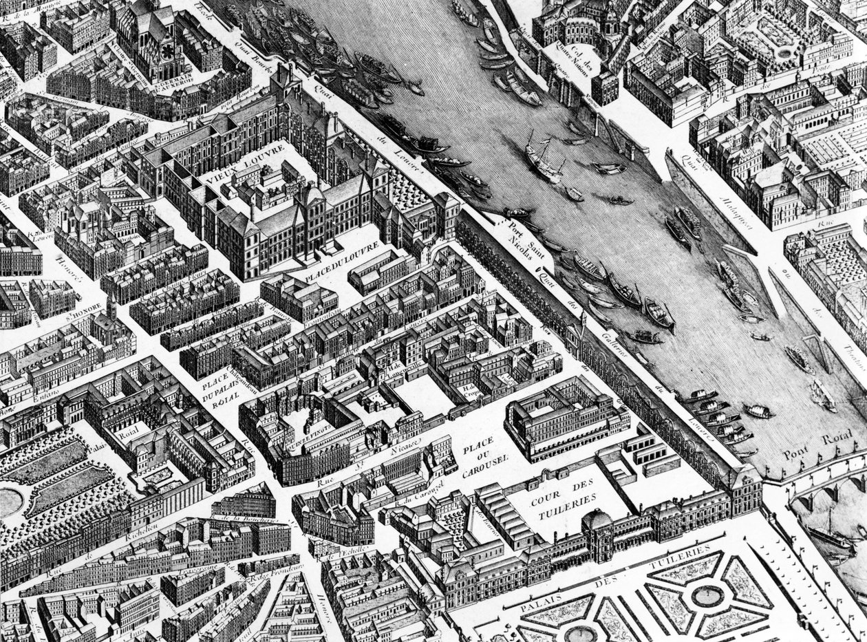 Det gamle Louvre, Palais Royal og Tuilerierne, detalje fra Planen af Paris, kendt som Plan de Turgot, indgraveret af Claude Lucas, 1734-39 graveringsdetalje af 233535 af Louis Bretez