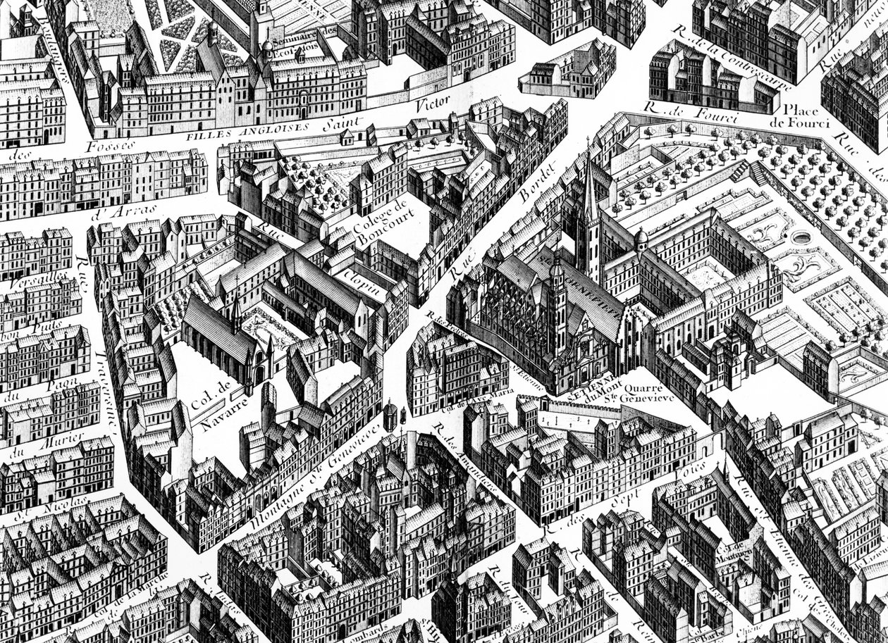 Sainte-Geneviève-området, Paris, detalje fra Planen af Paris, kendt som Plan de Turgot, indgraveret af Claude Lucas, 1734-39 graveringsdetalje af 233535 af Louis Bretez