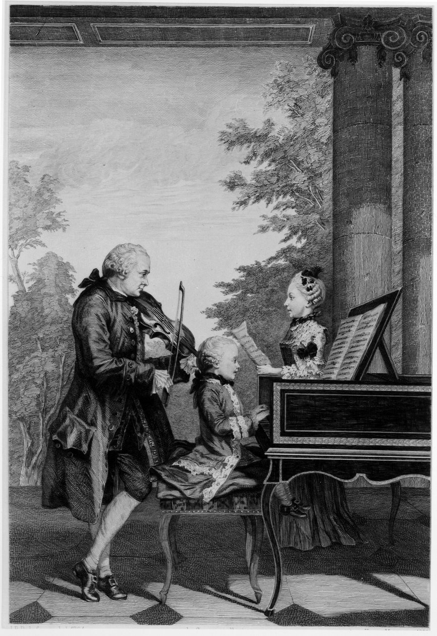 Leopold Mozart (1719-87) og hans to børn, Wolfgang Amadeus (1756-91) og Maria-Anna (Nannerl) (1751-1829) af Louis Carrogis dit Carmontelle