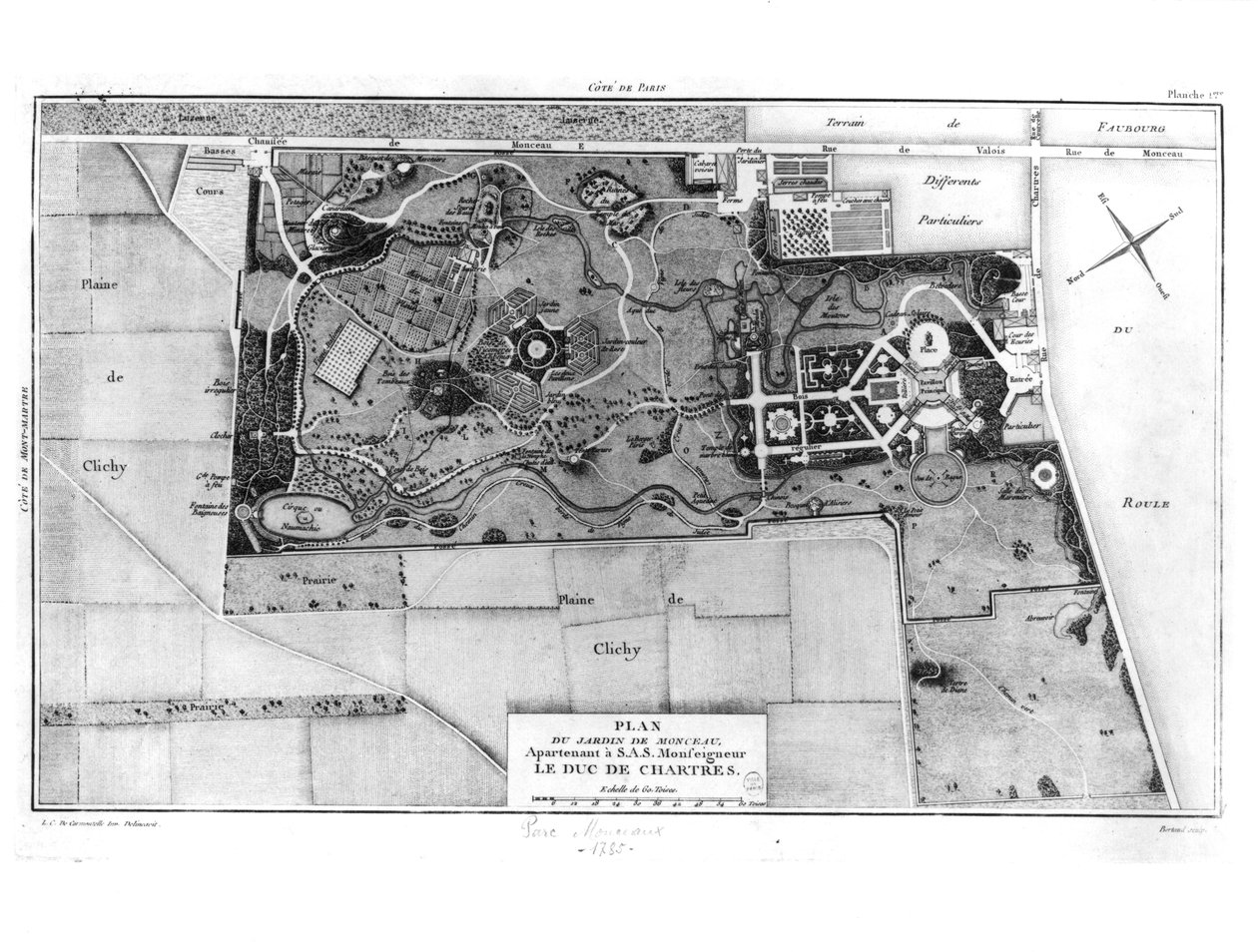 Plan over Parc Monceau i Paris tilhørende hertugen af Chartres (1747-93) 1785 af Louis Carrogis dit Carmontelle