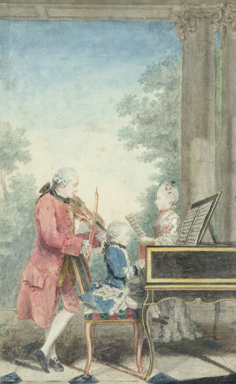 Leopold Mozart (1719-87) og hans børn Wolfgang Amadeus (1756-91) og Maria Anna (1751-1829) 1777 af Louis Carrogis dit Carmontelle