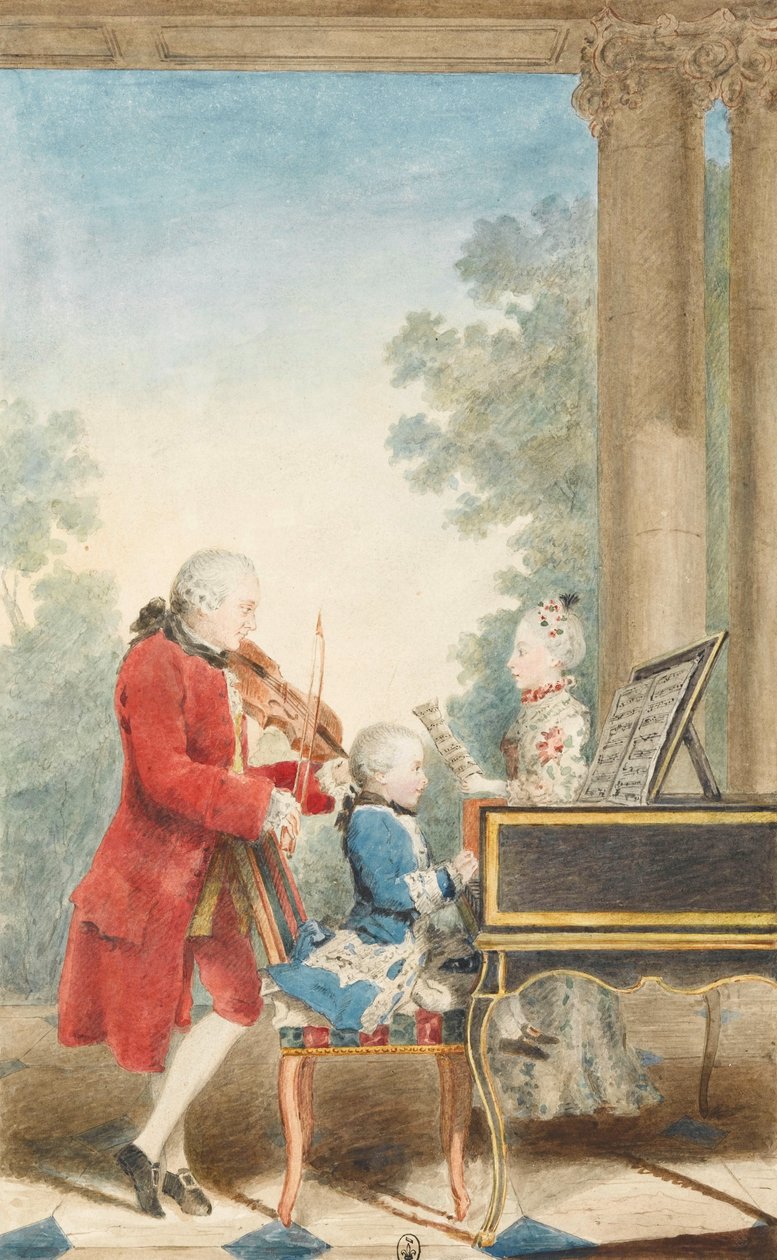 Portræt af Wolfgang Amadeus Mozart (Salzburg, 1756-Wien, 1791) spiller i Paris med sin far Jean ... af Louis Carrogis dit Carmontelle
