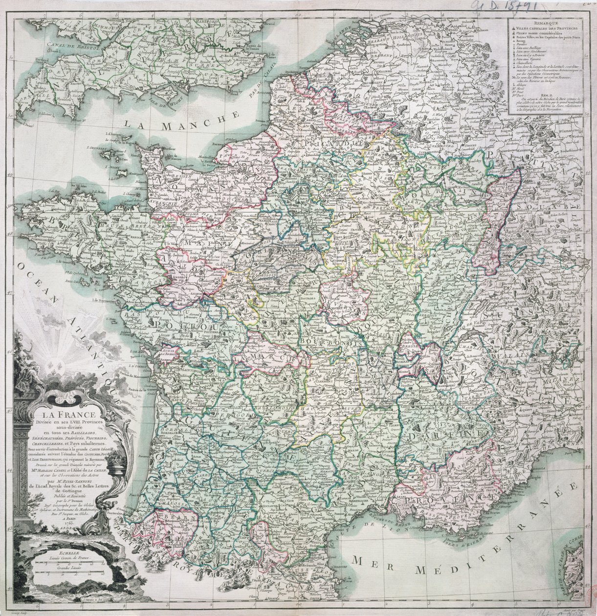 Kort over Frankrig opdelt i 58 provinser, 1765 af Louis Charles Desnos