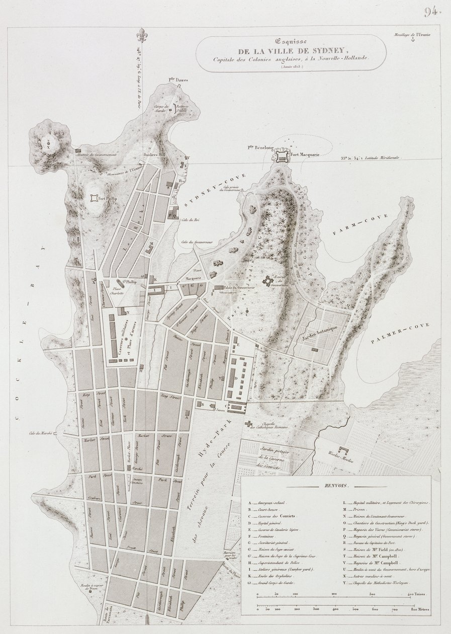 Plan over byen Sydney, fra Voyage Autour du Monde (1817-20), offentliggjort 1822-24 af Louis Claude Desaulses de Freycinet