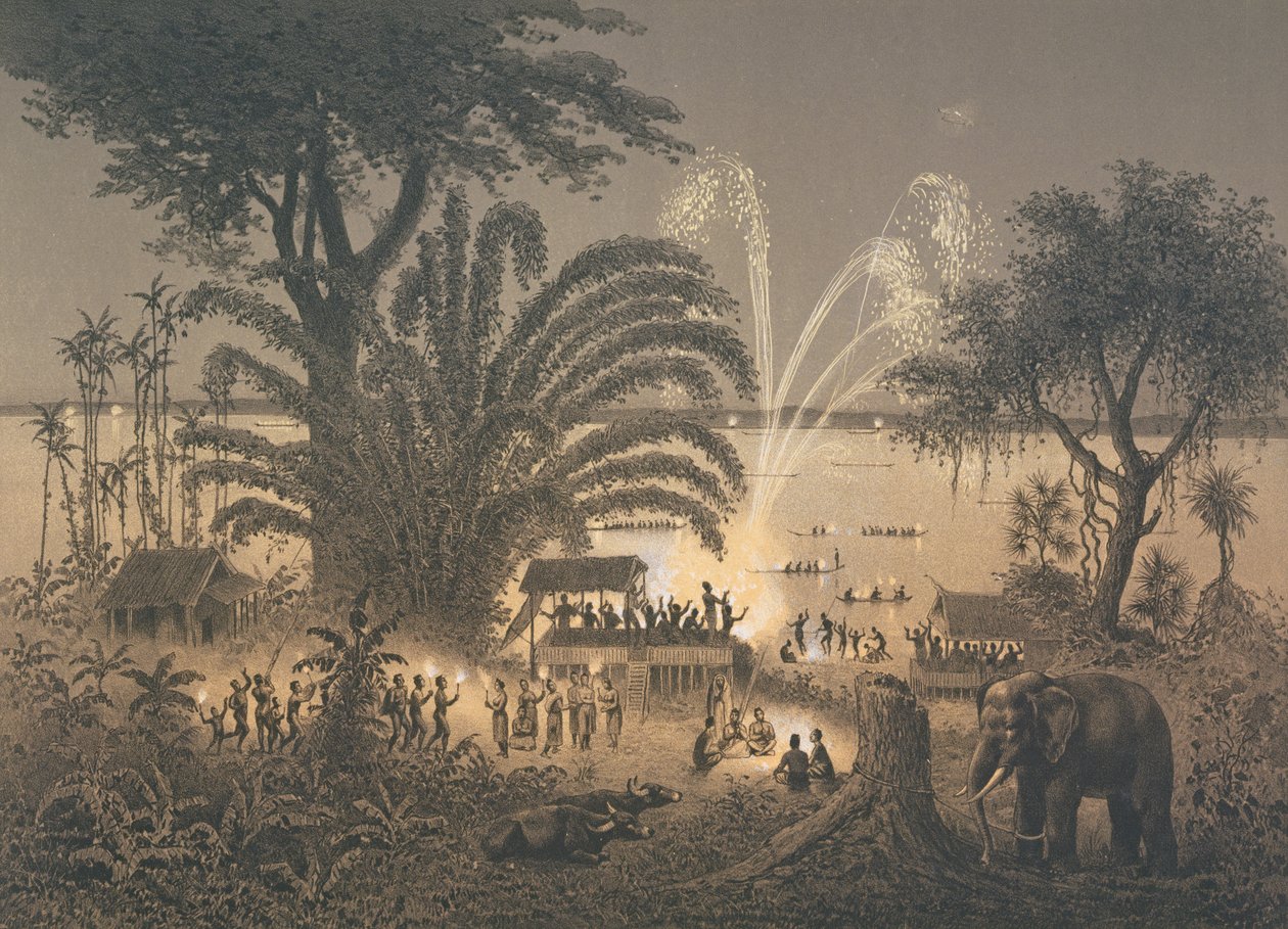 Fyrværkeri på floden ved festlighederne i Bassac, illustration fra 